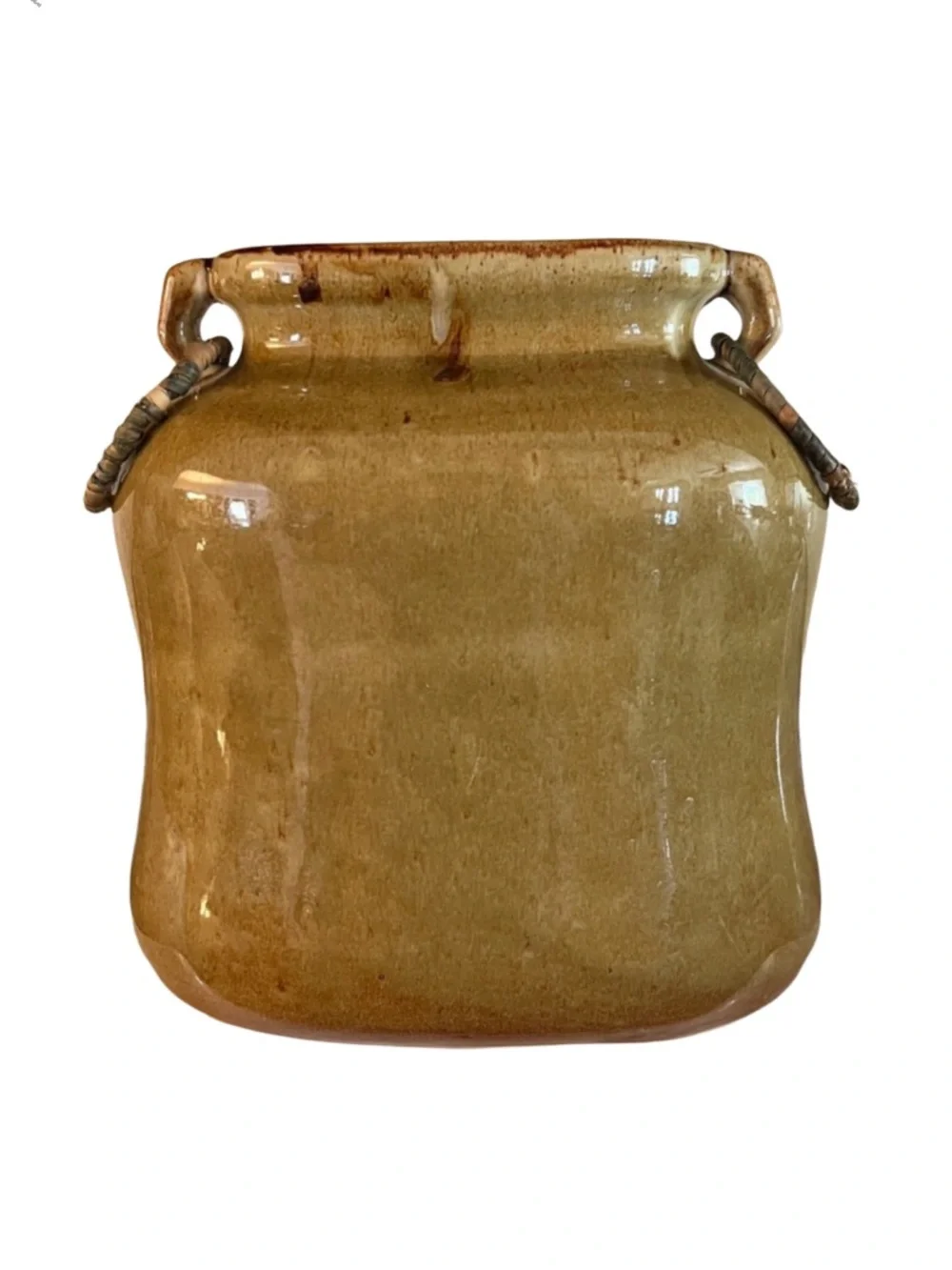 Rustic Glazed Stoneware Pottery Vase Farmhouse Decor‎ Wicker Handles Neutral